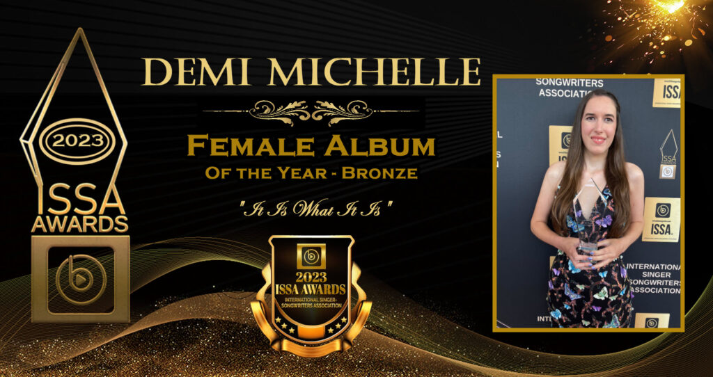 Demi Michelle’s winner graphic, stating her win for Female Album of the Year (Bronze) It Is What It Is and displaying the photo of her with her crystal on the red carpet.