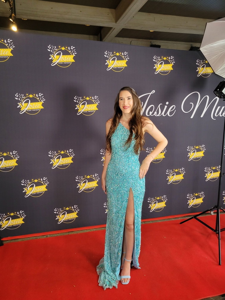 Demi standing on the JMAs red carpet, wearing her sparkly blue gown