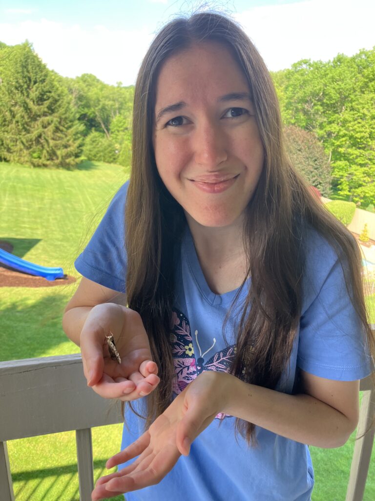 Demi holding a painted lady and smiling